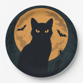 Spooky Halloween Black Cat Silhouette Vollmond Pappteller