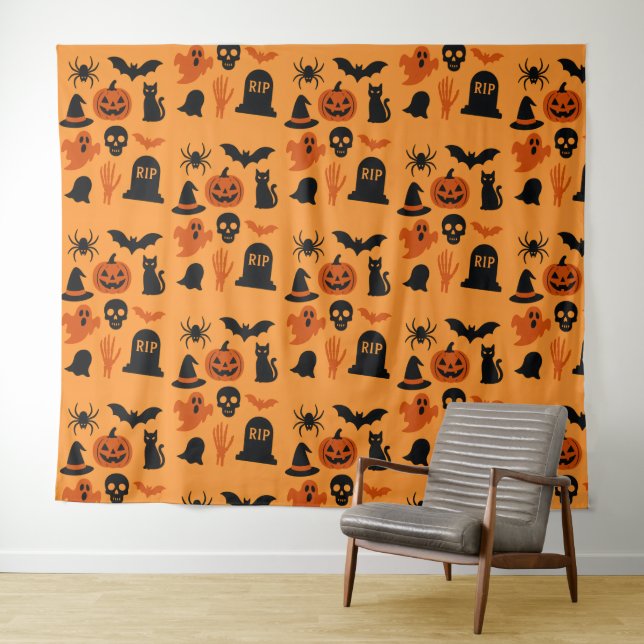 Spooky Halloween Black Tapestry | Gothic Wall Wandteppich (Beispiel (Horizontal))