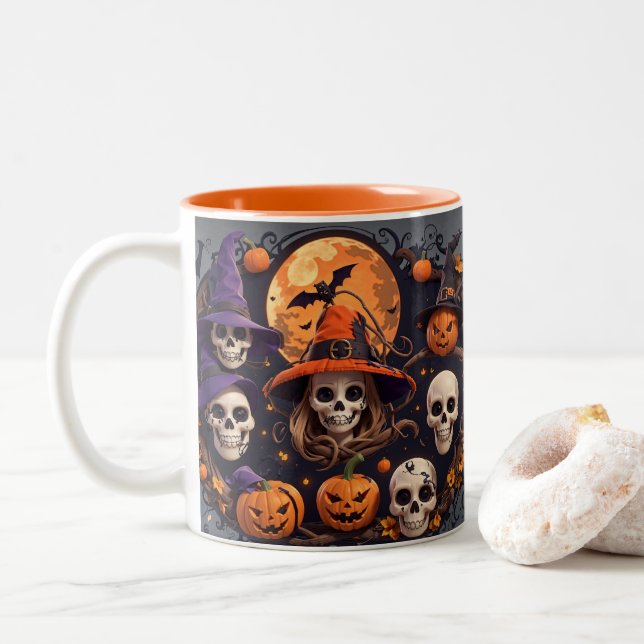 Spooky Halloween Boo Bat Pumpkin Skull Hexe Spide Zweifarbige Tasse (Mit Donut)