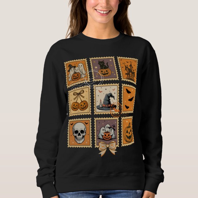 Spooky Halloween Briefmarke Trick oder Behandlung Sweatshirt (Vorderseite)