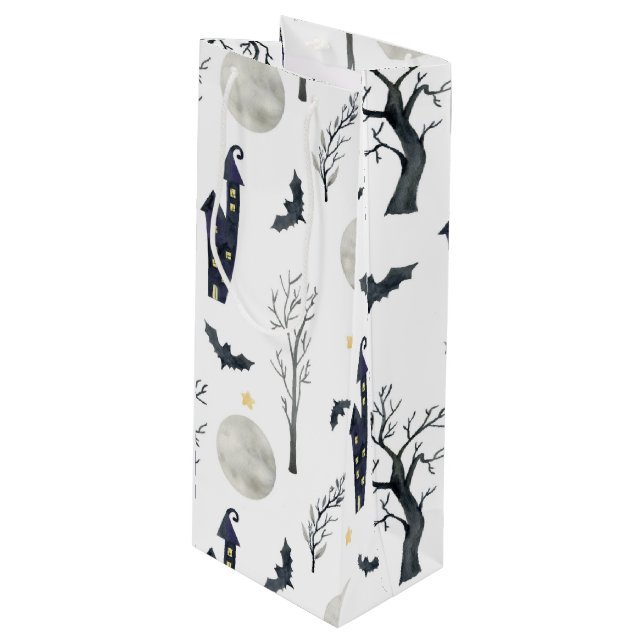 SPOOKY HALLOWEEN CASTLES MOONS BATS BÄUME GESCHENKTÜTE FÜR WEINFLASCHEN (Vorderseite Schrägansicht)