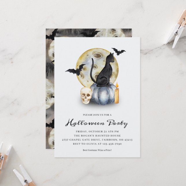 Spooky Halloween Cat Pumpkin Party Einladung (Vorderseite/Rückseite Beispiel)