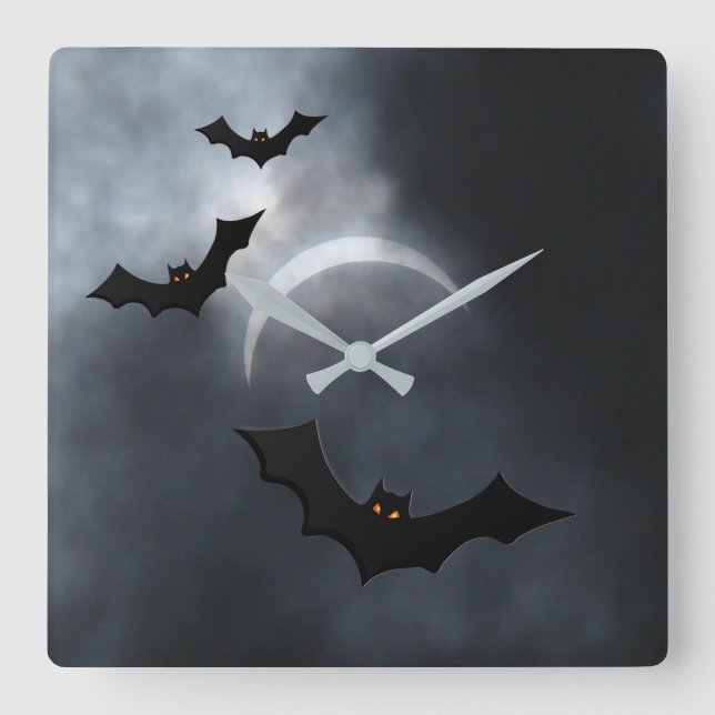 Spooky Halloween-Fledermäuse in Eclipse Quadratische Wanduhr (Vorderseite)