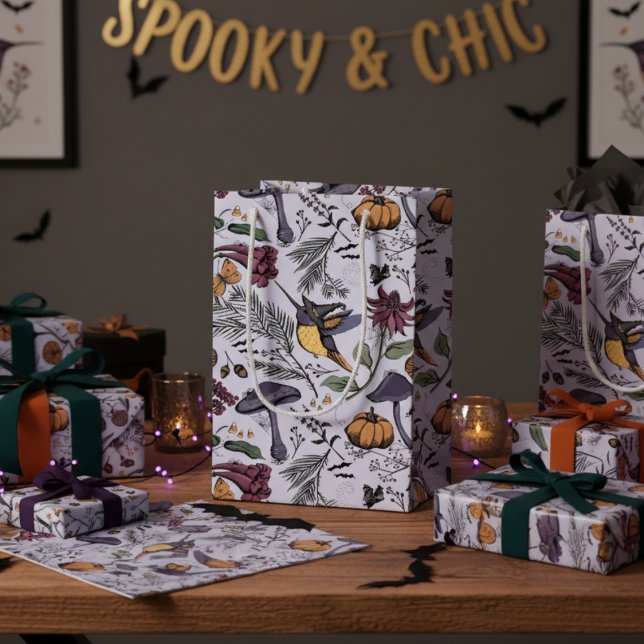 Spooky Halloween Floral Hummingbird Garden Kleine Geschenktüte (Spooky & Chic Hummingbird Halloween Floral Gift Bag in Purple for Fall Party, Halloween Birthday. )