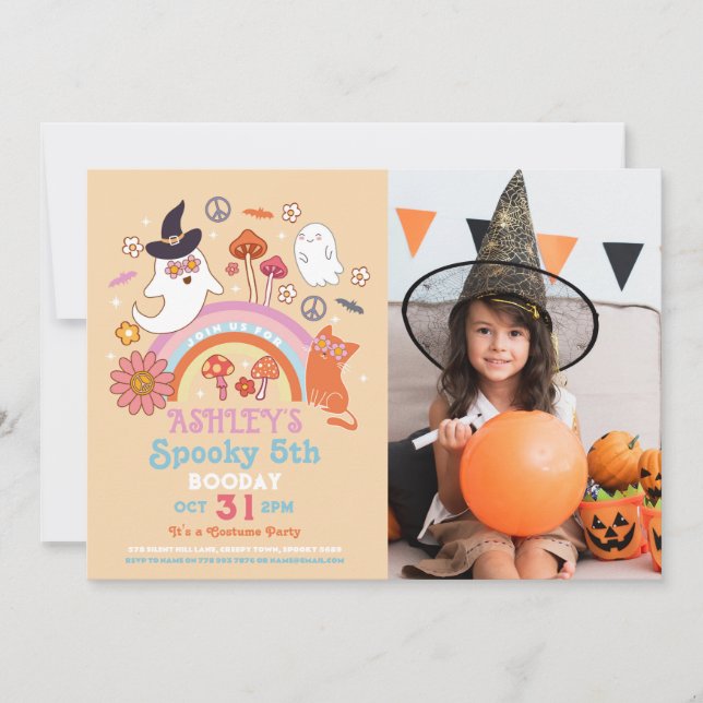 Spooky Halloween Geburtstag Foto 70er Retro Vintag Einladung (Vorderseite)