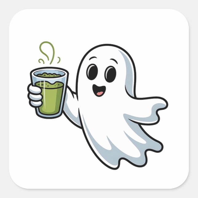Spooky Halloween Ghost Holding Matcha Quadratischer Aufkleber (Vorderseite)