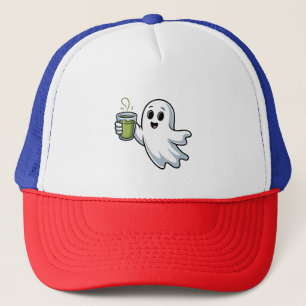 Spooky Halloween Ghost Holding Matcha Truckerkappe