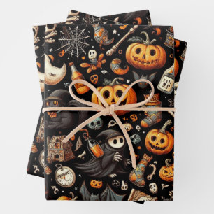 Spooky Halloween Ghost Pattern Schwarz Geschenkpapier Set