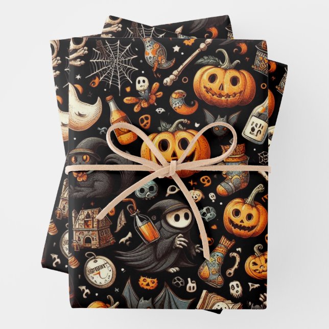 Spooky Halloween Ghost Pattern Schwarz Geschenkpapier Set (Beispiel)