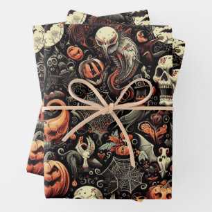 Spooky Halloween Ghost Pattern Schwarz Geschenkpapier Set