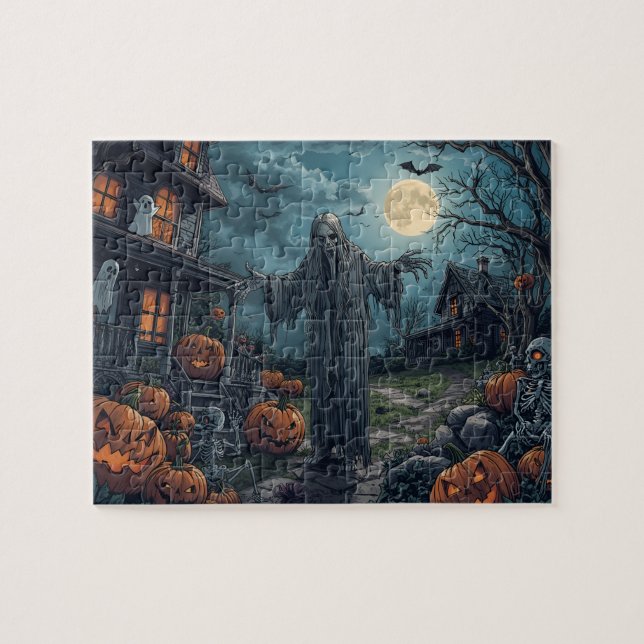 Spooky Halloween Ghost Pumpkins Full Moon Puzzle (Horizontal)