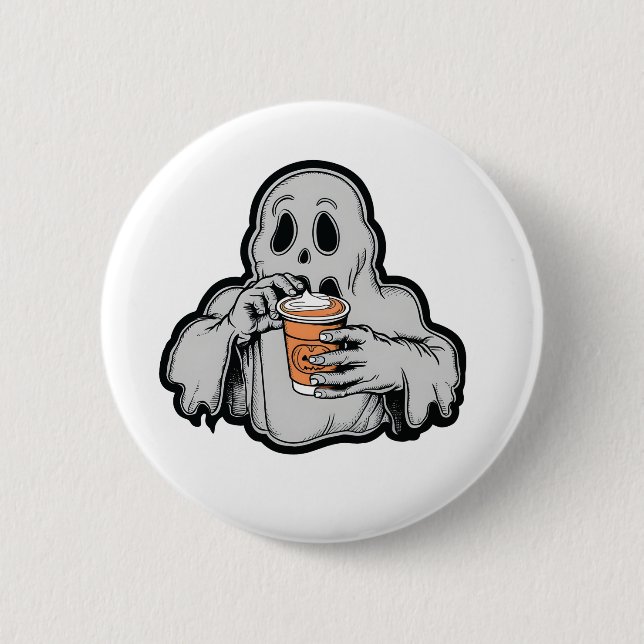 Spooky Halloween Ghost Sippin Pumpkin LatFall Button (Vorderseite)