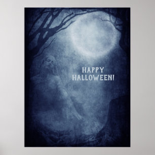 Spooky Halloween Ghost Vollmond in der Nacht Poster