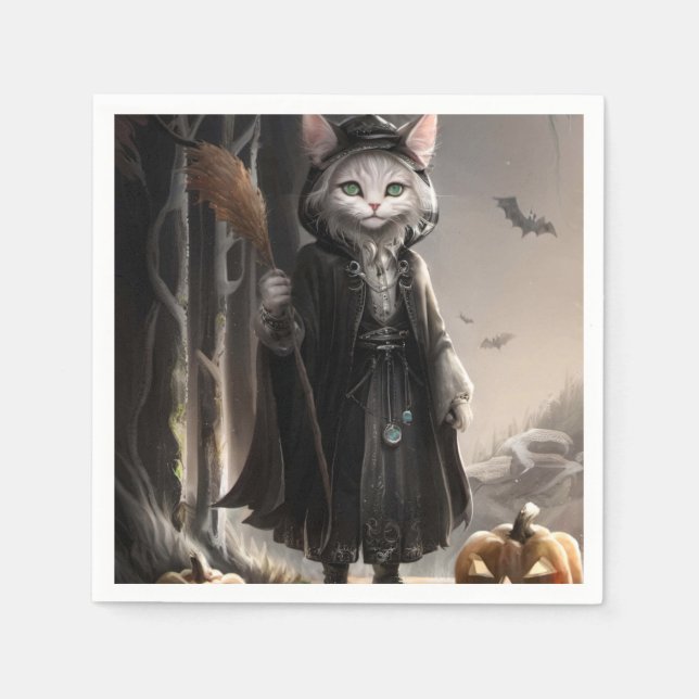Spooky Halloween Gothic Cat in Misty Forest Design Serviette (Vorderseite)