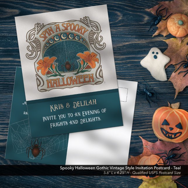 Spooky Halloween Gothic Vintag Style Einladung Postkarte (Spooky Halloween Gothic Vintage Style Invitation Postcard - Shown in Teal, Front)
