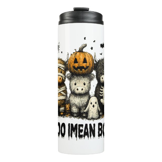 Spooky Halloween Highland Cow Thermosbecher (Vorderseite)