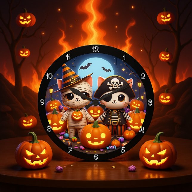 Spooky Halloween Kätzchen und Kürbis Große Wanduhr (Von Creator hochgeladen)