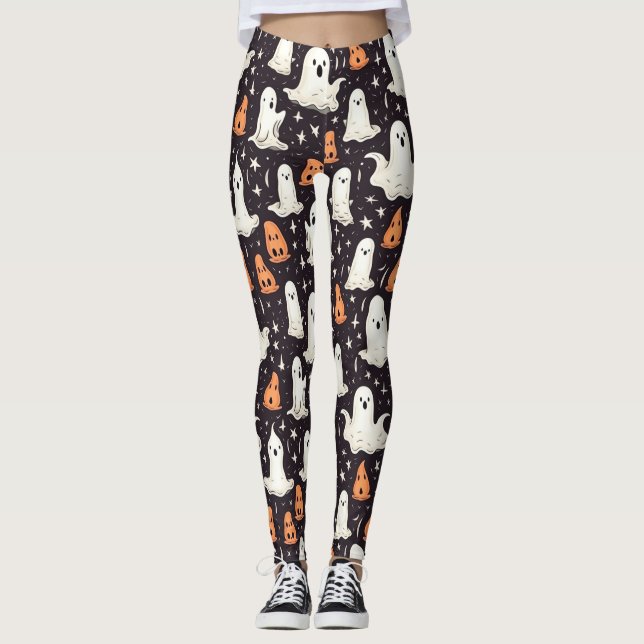 Spooky Halloween Little Ghosts Black Orange White Leggings (Vorderseite)