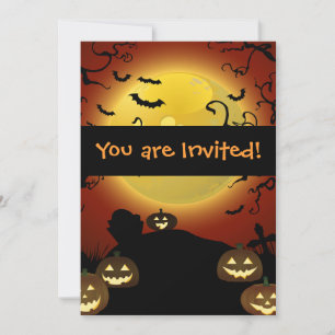 Spooky Halloween Moon, Pumpkins und Fledermäuse Ei Einladung