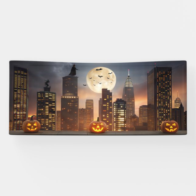 Spooky Halloween Night Cityscape mit Pumpkin Banner (Horizontal)
