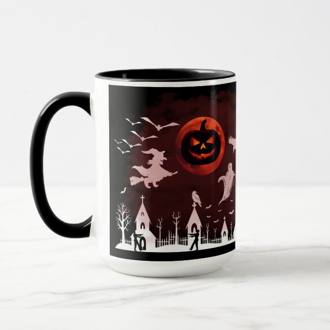 Spooky Halloween Night Full Moon Pumpkin Szene Tasse (Links)