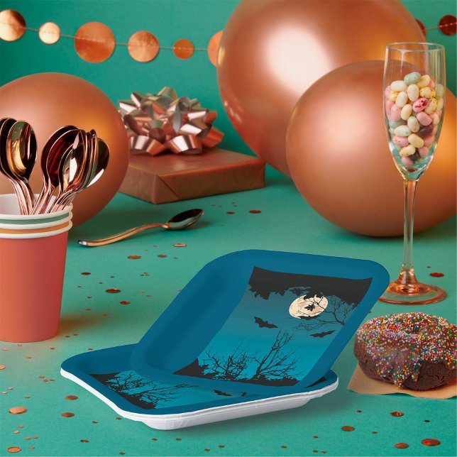 Spooky Halloween Night Full Moon und Flying Bats Pappteller (Von Creator hochgeladen)