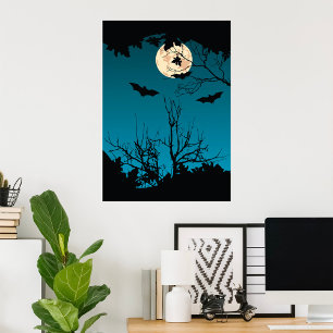 Spooky Halloween Night Full Moon und Flying Bats Poster