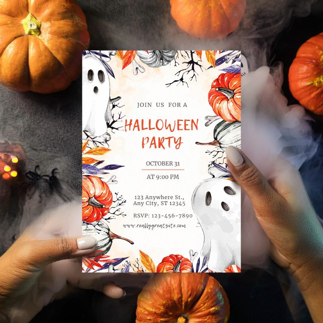 Spooky Halloween-Party Einladung Ghost Pumpkin (Editable Halloween Party Invite - Spooky Ghost & Pumpkin Design orang)
