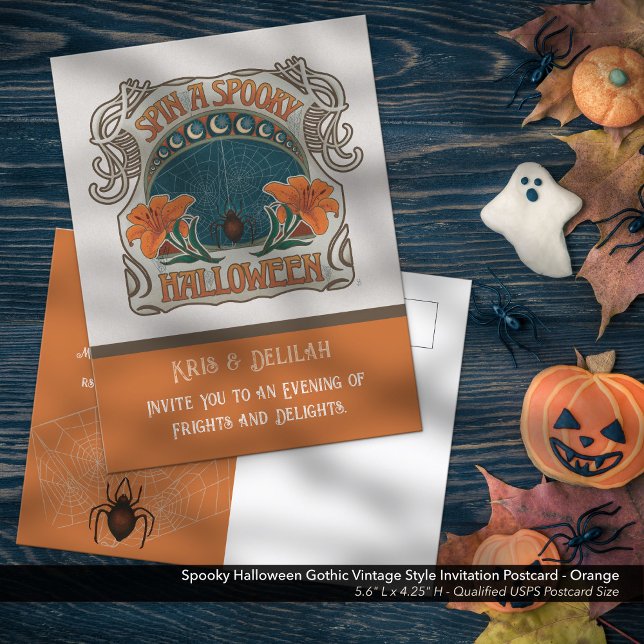 Spooky Halloween-Party Einladung Postkarte (Spooky Halloween Gothic Vintage Style Invitation Postcard - Shown in Orange, Front)