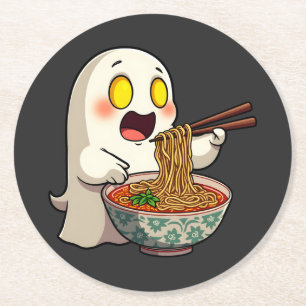 Spooky Halloween Pastel Kawaii Ghost Eating Ramen Runder Pappuntersetzer