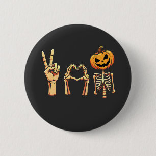 Spooky Halloween Peace Lover Pumpkin Skeleton Button