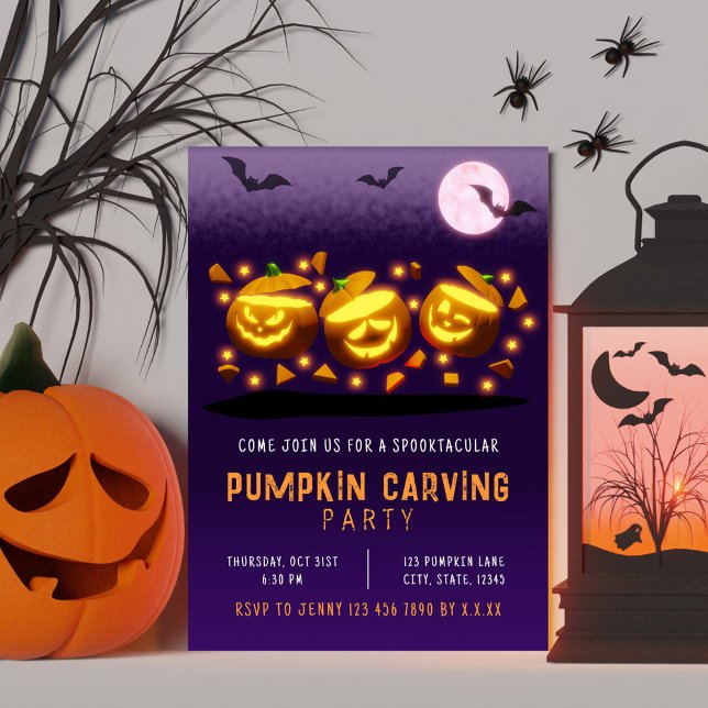 Spooky Halloween Pumpkin Carving Orange & Lila Einladung (Spooky Halloween Pumpkin Carving Orange & Purple Invitation)