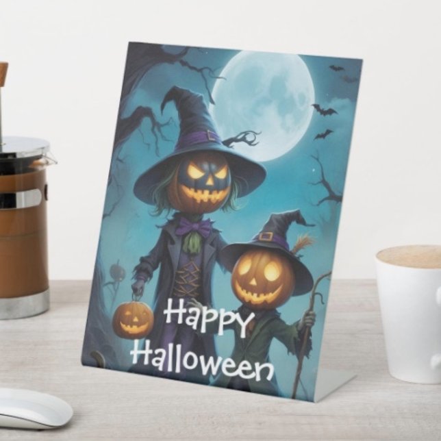Spooky Halloween Pumpkin Duo Sockelschild (D: 8" x 10" display with 3" pedestal base. Available in 4 sizes. Made of 1/16" white plastic.)