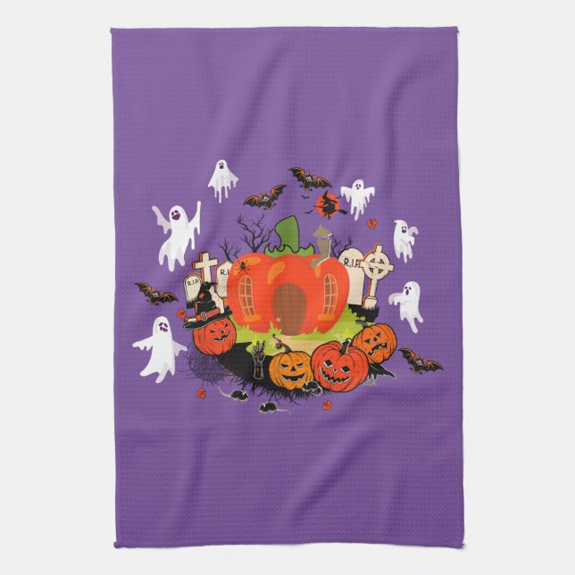Spooky Halloween Pumpkin Graveyard Szene Geschirrtuch (Vertikal)