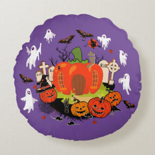 Spooky Halloween Pumpkin Graveyard Szene Rundes Kissen