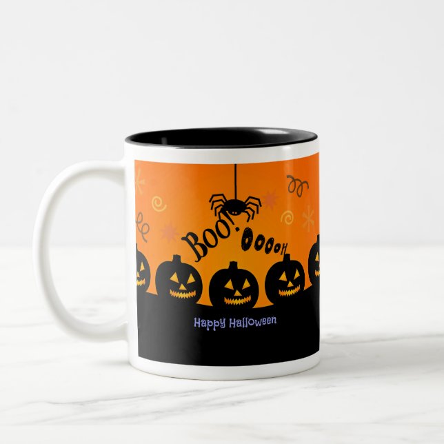Spooky Halloween Pumpkins Jack-o-Lanterns Zweifarbige Tasse (Links)