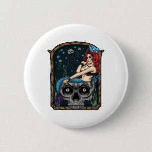 Spooky Halloween Punk Goth Skull Mermaid Button