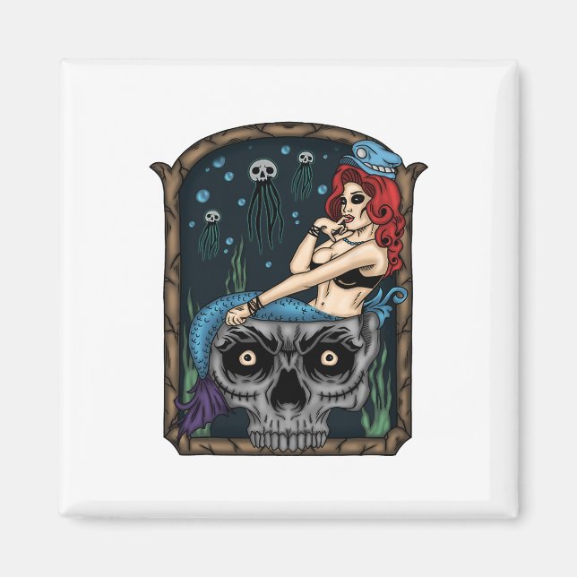 Spooky Halloween Punk Goth Skull Mermaid Magnet (Vorne)
