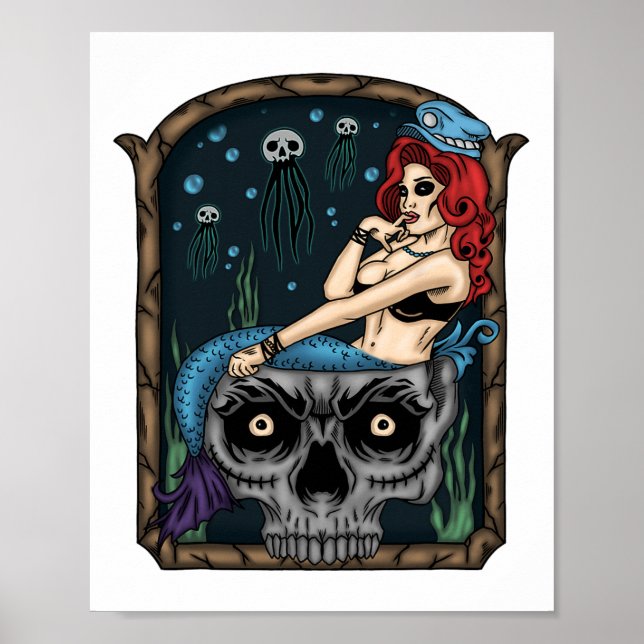 Spooky Halloween Punk Goth Skull Mermaid Poster (Vorne)