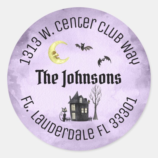 Spooky Halloween Round Lila Address Labels Runder Aufkleber (Vorderseite)