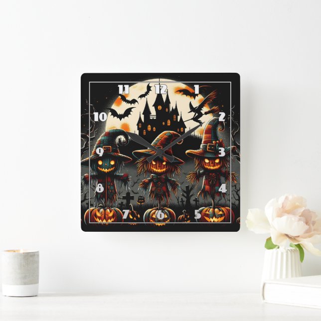 Spooky Halloween-Skareken bewachen den Friedhof Quadratische Wanduhr (Zuhause)