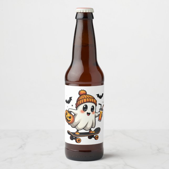Spooky Halloween Skaten Pumpkin Spice Ghost Fall Bierflaschenetikett (Vorderseite)