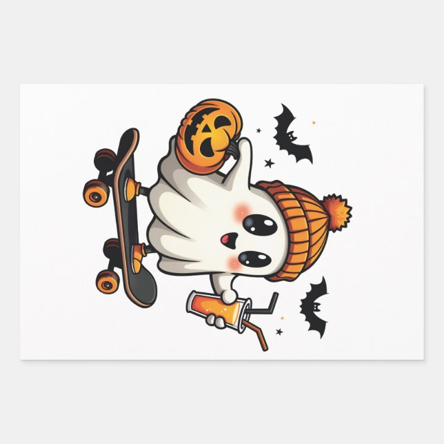 Spooky Halloween Skaten Pumpkin Spice Ghost Fall Geschenkpapier Set (Vorderseite)