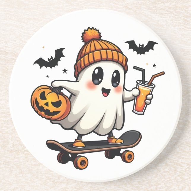 Spooky Halloween Skaten Pumpkin Spice Ghost Fall Getränkeuntersetzer (Vorne)