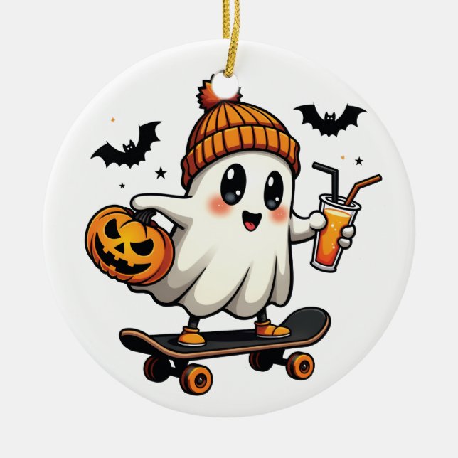 Spooky Halloween Skaten Pumpkin Spice Ghost Fall Keramik Ornament (Vorne)