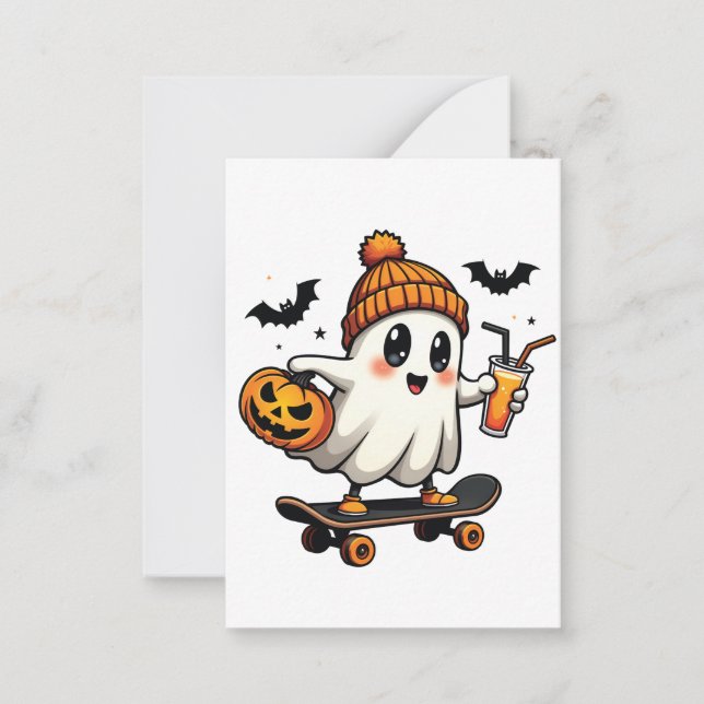 Spooky Halloween Skaten Pumpkin Spice Ghost Fall Mitteilungskarte (Vorderseite)