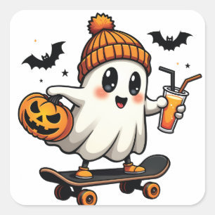 Spooky Halloween Skaten Pumpkin Spice Ghost Fall Quadratischer Aufkleber