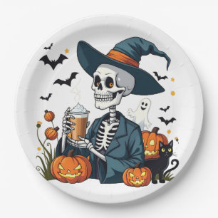 Spooky Halloween Skeleton Sippin Pumpkin Gewürz Pappteller