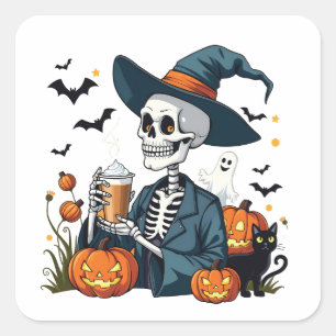 Spooky Halloween Skeleton Sippin Pumpkin Gewürz Quadratischer Aufkleber
