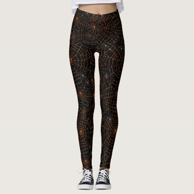 Spooky Halloween Spider Web Black Orange White Leggings (Vorderseite)